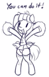 Size: 543x844 | Tagged: safe, artist:an-m, derpibooru import, oc, oc:abstract module, unofficial characters only, pony, bipedal, cheerleader, clothes, cute, female, mare, monochrome, panties, pleated skirt, pom pom, simple background, sketch, skirt, skirt lift, smiling, socks, solo, thigh highs, underwear, white background