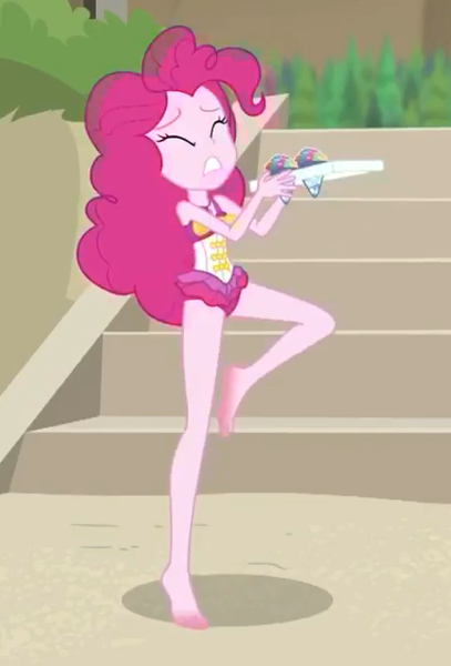 Size: 451x665 | Tagged: safe, derpibooru import, screencap, pinkie pie, equestria girls, equestria girls series, too hot to handle, barefoot, clothes, cropped, eyes closed, feet, female, food, geode of sugar bombs, ice cream, swimsuit