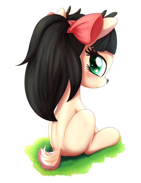 Size: 2125x2750 | Tagged: artist:an-m, blushing, deer, deer pony, derpibooru import, grass, looking back, oc, oc:callie, original species, ribbon, safe, simple background, solo, transparent background, unofficial characters only