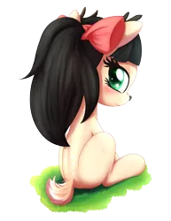 Size: 2125x2750 | Tagged: artist:an-m, blushing, deer, deer pony, derpibooru import, grass, looking back, oc, oc:callie, original species, ribbon, safe, simple background, solo, transparent background, unofficial characters only