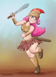 Size: 880x1200 | Tagged: safe, artist:empyu, derpibooru import, pinkie pie, equestria girls, armor, armor skirt, belly button, boots, clothes, cute, female, gladiator, gladiatrix, helmet, human coloration, looking at you, midriff, pteruges, requested art, shoes, skirt, smiling, solo, sword, unconvincing armor, weapon