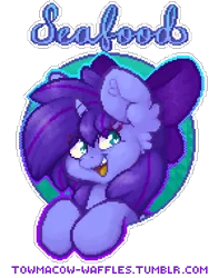 Size: 600x760 | Tagged: safe, artist:towmacow, artist:towmacow-waffles, artist:towmacowwaffles, derpibooru import, oc, oc:seafood dinner, unofficial characters only, unicorn, commission, pixel art, purple, simple background, solo, transparent background