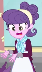 Size: 319x549 | Tagged: safe, derpibooru import, screencap, suri polomare, acadeca, equestria girls, friendship games, apron, cake, clothes, cropped, crystal prep academy uniform, female, food, oops, scarf, school uniform