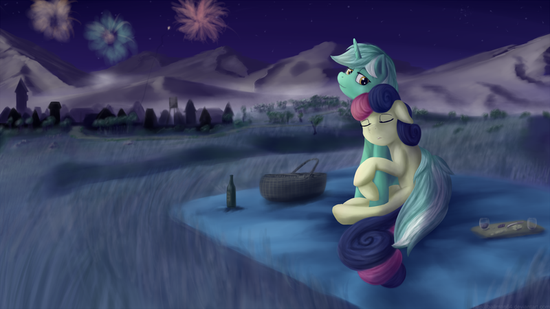 Size: 1920x1080 | Tagged: safe, artist:taggerung, derpibooru import, bon bon, lyra heartstrings, sweetie drops, earth pony, pony, unicorn, alcohol, basket, cheese, cuddling, female, field, fireworks, food, lesbian, lyrabon, mountain, night, picnic, picnic basket, picnic blanket, ponyville, shipping, stars, wine