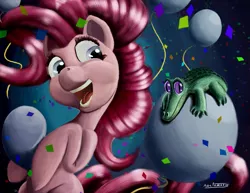 Size: 2133x1649 | Tagged: safe, artist:noctomaeus, derpibooru import, gummy, pinkie pie, earth pony, pony, balloon, confetti, female, happy, mare, party, signature