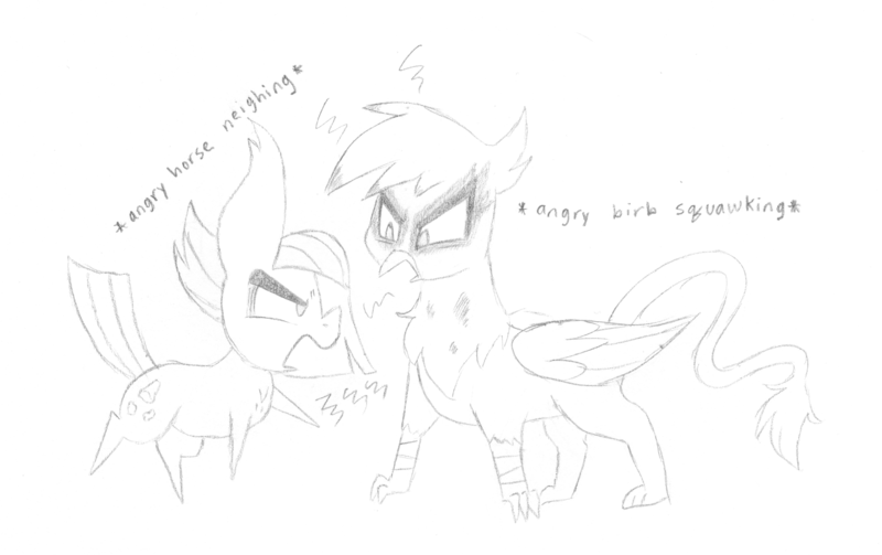 Size: 3321x2090 | Tagged: safe, artist:dragonpone, derpibooru import, gilda, limestone pie, earth pony, gryphon, pony, angry, bird noises, chest fluff, descriptive noise, duo, ear fluff, eye contact, female, fluffy, frown, glare, grayscale, horse noises, looking at each other, mare, monochrome, neigh, open mouth, pointy ponies, raised hoof, raised leg, simple background, sketch, squawk, traditional art, white background, yelling