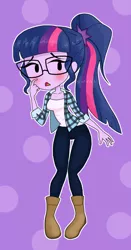 Size: 766x1460 | Tagged: safe, artist:iyoungsavage, derpibooru import, sci-twi, twilight sparkle, equestria girls, abstract background, alternate costumes, blushing, clothes, female, glasses, solo