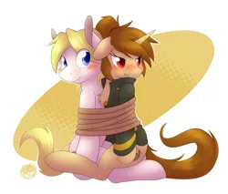 Size: 1000x850 | Tagged: safe, artist:skyheavens, derpibooru import, oc, oc:ariel radiance, oc:katya ironstead, unofficial characters only, earth pony, pony, blushing, bondage, bound together, clothes, female, jacket, male, mare, rope, stallion, tied up