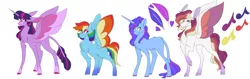 Size: 9500x3000 | Tagged: safe, artist:uunicornicc, derpibooru import, rainbow dash, twilight sparkle, twilight sparkle (alicorn), oc, alicorn, classical unicorn, pegasus, pony, unicorn, alternate design, cloven hooves, colored wings, family, female, leonine tail, lesbian, magical lesbian spawn, multicolored wings, next generation, offspring, parent:rainbow dash, parent:twilight sparkle, parents:twidash, rainbow wings, shipping, simple background, twidash, unshorn fetlocks, white background