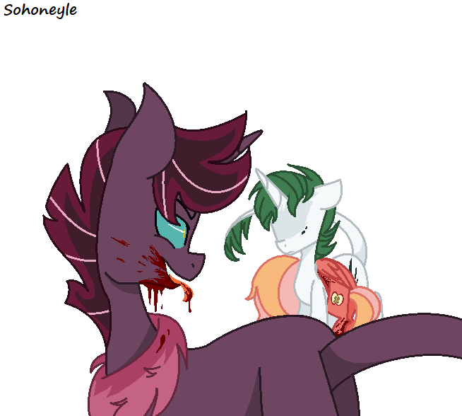 Size: 654x588 | Tagged: semi-grimdark, artist:sohoneyle, derpibooru import, oc, oc:crystal floor, oc:heart apple, oc:vortex shadow, dracony, hybrid, pegasus, pony, base used, blood, carrying, colored sclera, female, hidden eyes, interspecies offspring, male, mare, offspring, parent:big macintosh, parent:discord, parent:fluttershy, parent:rarity, parent:spike, parent:tempest shadow, parents:fluttermac, parents:sparity, parents:tempestcord, simple background, tongue out, white background