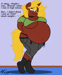 Size: 1280x1539 | Tagged: suggestive, artist:zeldafan777, derpibooru import, oc, oc:totty, unofficial characters only, anthro, unicorn, belly, big belly, big breasts, breasts, clothes, fat, huge belly, jeans, morbidly obese, obese, pants, socks, underboob, wardrobe malfunction, weight gain
