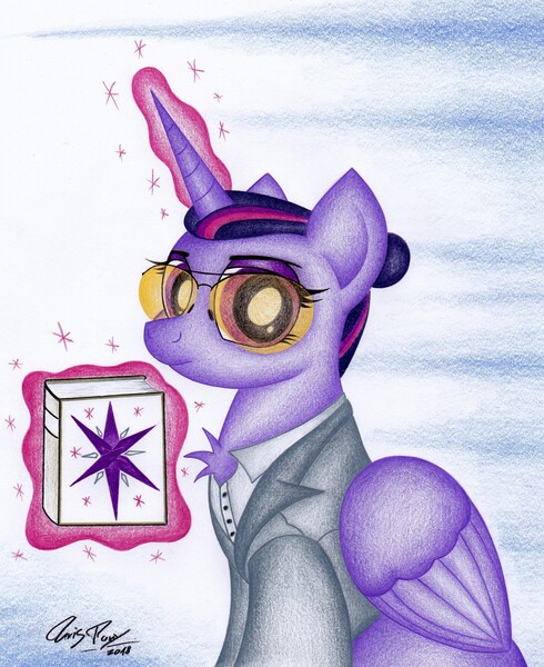 Size: 2020x2473 | Tagged: alicorn, artist:thechrispony, book, chest fluff, clothes, crossover, derpibooru import, far cry, far cry 5, glasses, glowing horn, joseph seed, looking at you, magic, safe, signature, solo, suit, telekinesis, traditional art, twilight sparkle, twilight sparkle (alicorn)