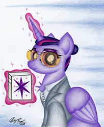 Size: 2020x2473 | Tagged: alicorn, artist:thechrispony, book, chest fluff, clothes, crossover, derpibooru import, far cry, far cry 5, glasses, glowing horn, joseph seed, looking at you, magic, safe, signature, solo, suit, telekinesis, traditional art, twilight sparkle, twilight sparkle (alicorn)