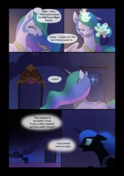 Size: 1024x1448 | Tagged: safe, artist:gashiboka, derpibooru import, nightmare moon, princess celestia, princess luna, alicorn, pony, comic:scar of solar, bag, candy, comic, crying, female, flashback, food, magic, mare, nightmare moon glamour, telekinesis