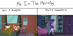 Size: 1552x766 | Tagged: safe, derpibooru import, edit, edited screencap, editor:nightshadowmlp, screencap, sci-twi, sunset shimmer, twilight sparkle, eqg summertime shorts, equestria girls, monday blues, alarm clock, backpack, beanbag chair, bed, book, calendar, chair, clock, comparison, covers, door, mirror, pictures, pillow, text, window