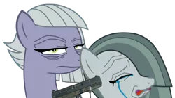 Size: 4908x2761 | Tagged: semi-grimdark, derpibooru import, limestone pie, marble pie, pony, abuse, annoyed, crying, delet this, edgy, gun, handgun, imminent death, implied murder, marblebuse, meme, pepe the frog, pistol, simple background, transparent background, walther p99, weapon, wojak, wrinkles