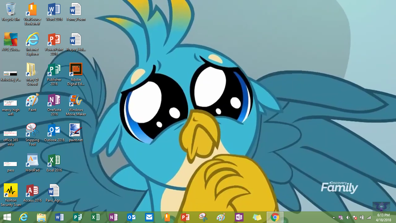 Size: 1366x768 | Tagged: derpibooru import, desktop, discovery family logo, gallus, puppy dog eyes, puppy-eyed gallus, safe, school daze, screencap, windows, windows 8