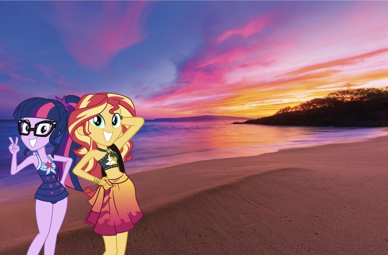 Size: 1889x1245 | Tagged: safe, artist:keronianniroro, derpibooru import, editor:superbobiann, sci-twi, sunset shimmer, twilight sparkle, equestria girls, equestria girls series, beach, clothes, equestria girls in real life, horizon, image, irl, jpeg, photo, sarong, swimsuit