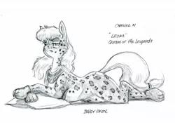Size: 1400x1012 | Tagged: safe, artist:baron engel, derpibooru import, oc, oc:carousel, unofficial characters only, big cat, earth pony, leopard, pony, body painting, clothes, costume, female, grayscale, jewelry, leopard print, mare, monochrome, necklace, paw gloves, pencil drawing, pillow, simple background, solo, story included, traditional art, white background