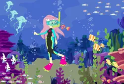 Size: 1314x894 | Tagged: safe, artist:egskinnydippers101, derpibooru import, edit, fluttershy, fish, jellyfish, tropical fish, equestria girls, equestria girls series, bubble, coral, coral reef, cute, flippers, ms paint, ocean, reef, school of fish, show accurate, snorkeling, swimming, underwater, watershy, wetsuit