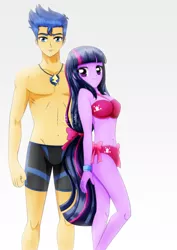 Size: 1600x2263 | Tagged: safe, artist:jotakaanimation, derpibooru import, flash sentry, twilight sparkle, equestria girls, adorasexy, bikini, breasts, clothes, cute, female, flash hunktry, flashlight, male, sexy, shipping, simple background, smiling, straight, stupid sexy flash sentry, swimming trunks, swimsuit