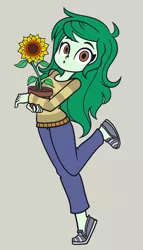 Size: 2000x3500 | Tagged: safe, artist:khuzang, derpibooru import, wallflower blush, a friendship to remember, equestria girls, equestria girls series, forgotten friendship, most likely to be forgotten, caught, clothes, cute, flower, flowerbetes, long hair, looking at you, pants, shoes, solo, sweater, wallflower and plants, whistling