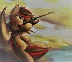 Size: 2583x2235 | Tagged: safe, artist:blvckmagic, derpibooru import, oc, oc:tomoko tanue, unofficial characters only, bat pony, pony, umbreon, fallout equestria, anti tank rifle, bat wings, boys anti tank rifle, clothes, cloud, cloudy, cutie mark, female, flying, gun, hoodie, hooves, mare, pokémon, rifle, sky, sniper rifle, solo, weapon