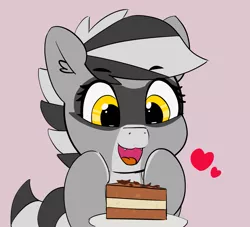 Size: 2231x2023 | Tagged: artist:pabbley, cake, cute, derpibooru import, dish, fangs, female, food, happy, heart, looking at you, oc, oc:bandy cyoot, open mouth, raccoon pony, raised hoof, safe, smiling, solo, tiramisu, unofficial characters only