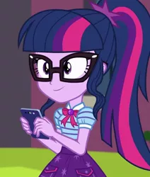 Size: 611x720 | Tagged: safe, derpibooru import, screencap, sci-twi, twilight sparkle, equestria girls, equestria girls series, text support, adorkable, cropped, cute, dork, female, geode of telekinesis, glasses, magical geodes, mobile phone, nerd, phone, ponytail, smartphone, solo, twiabetes