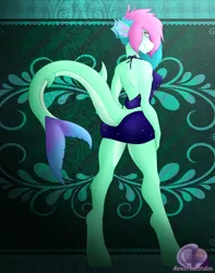 Size: 3000x3800 | Tagged: anthro, artist:manestreamstudios, breasts, clothes, derpibooru import, dress, ear piercing, female, hand, hooves, hybrid, looking at you, looking back, merpony, oc, oc:nessie, piercing, pinup, smiling, solo, solo female, suggestive, tail lift, two toned mane, unofficial characters only