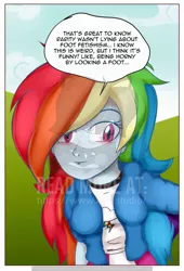 Size: 734x1080 | Tagged: suggestive, artist:xptzstudios, derpibooru import, rainbow dash, rarity, comic:rainbow dash jerk-off encouragement, equestria girls, breasts, cloud, dialogue, feet, female, fetish, foot fetish, hill, obtrusive watermark, solo, talking to viewer, watermark