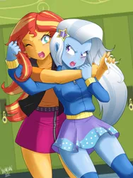 Size: 3750x5000 | Tagged: safe, artist:danmakuman, derpibooru import, sunset shimmer, trixie, equestria girls, equestria girls series, forgotten friendship, absurd resolution, angry, blushing, canterlot high, catfight, clothes, commission, fight, hair pulling, hallway, hoodie, jacket, leather jacket, lockers, looking back, one eye closed, open mouth, out of character, school, serious, serious face, shirt, skirt, socks, thigh highs, thighs, this will end in detention, this will end in pain, this will end in pain and/or detention, vest