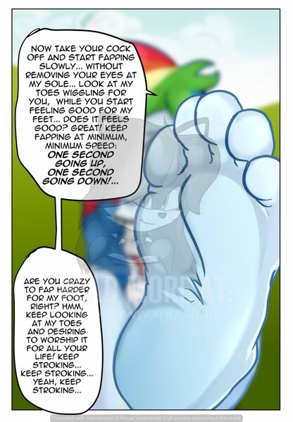 Size: 748x1080 | Tagged: questionable, artist:xptzstudios, derpibooru import, rainbow dash, comic:rainbow dash jerk-off encouragement, equestria girls, barefoot, dialogue, feet, fetish, foot fetish, foot focus, grass, jerk off encouragement, obtrusive watermark, solo, talking to viewer, watermark