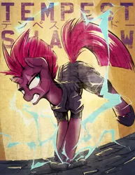 Size: 2550x3300 | Tagged: safe, artist:blvckmagic, derpibooru import, tempest shadow, pony, unicorn, my little pony: the movie, armor, broken horn, eye scar, female, horn, japanese, lightning, looking back, magic, mare, scar, scar on the wrong side, solo, stomping