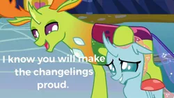 Size: 1280x720 | Tagged: caption, changedling, changeling, cute, derpibooru import, diaocelles, edit, edited screencap, female, king thorax, male, ocellus, papa thorax, safe, school daze, screencap, thorax