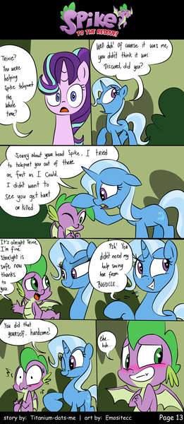 Size: 800x1842 | Tagged: safe, artist:emositecc, artist:titanium-pony, derpibooru import, spike, starlight glimmer, trixie, dragon, pony, unicorn, comic:spike to the rescue, molt down, blushing, comic, dialogue, head rub, implied shipping, implied spixie, implied straight, nudge, one eye closed, speech bubble, winged spike, wink