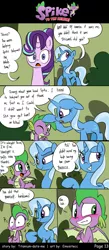 Size: 800x1842 | Tagged: safe, artist:emositecc, artist:titanium-pony, derpibooru import, spike, starlight glimmer, trixie, dragon, pony, unicorn, comic:spike to the rescue, molt down, blushing, comic, dialogue, head rub, implied shipping, implied spixie, implied straight, nudge, one eye closed, speech bubble, winged spike, wink