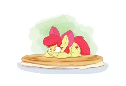 Size: 1600x1100 | Tagged: safe, artist:heir-of-rick, derpibooru import, apple bloom, earth pony, pony, adorabloom, bow, cute, female, filly, food, hair bow, no pupils, pancakes, ponies in food, prone, simple background, smiling, solo