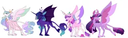 Size: 10000x3000 | Tagged: safe, artist:uunicornicc, derpibooru import, princess cadance, princess celestia, princess luna, twilight sparkle, twilight sparkle (alicorn), alicorn, classical unicorn, pony, unicorn, alicorn tetrarchy, alternate design, bat wings, clothes, cloven hooves, coat markings, colored ears, colored hooves, crown, dappled, ethereal mane, female, horn jewelry, jewelry, leonine tail, looking back, mare, missing cutie mark, profile, raised hoof, regalia, scar, see-through, simple background, spread wings, starry mane, unshorn fetlocks, veil, white background, wings