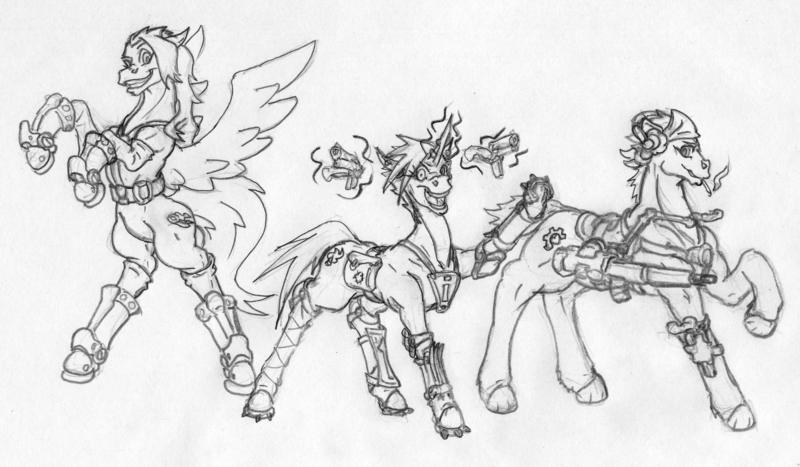 Size: 3389x1979 | Tagged: safe, artist:siegfriednox, derpibooru import, oc, oc:burnout, oc:nitro drift, oc:road rage, unofficial characters only, earth pony, pegasus, pony, unicorn, fallout equestria, battle saddle, fallout, raider, rearing, smoking, traditional art, weapon