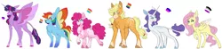 Size: 5500x1200 | Tagged: safe, artist:uunicornicc, derpibooru import, applejack, fluttershy, pinkie pie, rainbow dash, rarity, twilight sparkle, twilight sparkle (alicorn), alicorn, earth pony, pegasus, pony, unicorn, alternate design, big ears, chest fluff, cloven hooves, coat markings, colored hooves, colored wings, dappled, ear fluff, eyeshadow, female, hair tie, leonine tail, looking back, makeup, mane six, mare, missing accessory, missing cutie mark, one eye closed, raised hoof, reference sheet, simple background, size difference, smiling, spread wings, thick eyebrows, tongue out, white background, wings