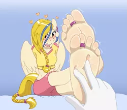 Size: 1001x864 | Tagged: anthro, arm behind head, artist:caroo, cute, cutelestia, derpibooru import, disguise, feet, fetish, foot fetish, foot focus, golden feather, hand, midriff, pegasus, princess celestia, soles, spoiler, spoiler:comic, spoiler:comic65, suggestive, that was fast, tickle fetish, tickle torture, tickling, toe ring, toes