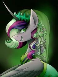 Size: 3000x4000 | Tagged: abstract background, a canterlot wedding, artist:uunicornicc, clothes, derpibooru import, disguise, disguised changeling, dress, fake cadance, fangs, female, floral head wreath, flower, looking at you, princess cadance, profile, queen chrysalis, safe, slit eyes, solo, spread wings, veil, wings