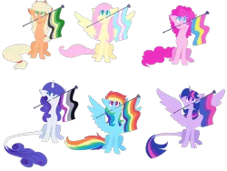 Size: 1600x1200 | Tagged: safe, artist:uunicornicc, derpibooru import, applejack, fluttershy, pinkie pie, rainbow dash, rarity, twilight sparkle, twilight sparkle (alicorn), alicorn, earth pony, pegasus, pony, applejack's hat, aromantic, aromantic pride flag, asexual pride flag, bi twi, bilight sparkle, bisexual pride flag, cowboy hat, female, gay pride, gay pride flag, hair tie, hat, headcanon, leonine tail, lgbt headcanon, looking up, mane six, mare, pansexual pride flag, pride, pride flag, sexuality headcanon, simple background, sitting, spread wings, transgender, transgender pride flag, transparent background, wings