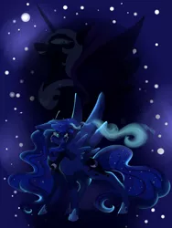 Size: 1200x1600 | Tagged: safe, artist:uunicornicc, derpibooru import, nightmare moon, princess luna, alicorn, pony, abstract background, crying, cutie mark, duality, ethereal mane, female, glowing horn, grin, helmet, jewelry, looking down, mare, regalia, smiling, spread wings, starry mane, wings