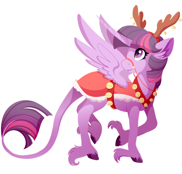 Size: 1152x1101 | Tagged: safe, artist:uunicornicc, derpibooru import, part of a set, twilight sparkle, twilight sparkle (alicorn), alicorn, pony, antlers, cape, christmas, clothes, curved horn, ear fluff, female, harness, holiday, leonine tail, long horn, long tail, looking over shoulder, mare, reindeer antlers, reins, simple background, solo, spread wings, tack, transparent background, unshorn fetlocks, wings