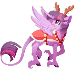 Size: 1152x1101 | Tagged: safe, artist:uunicornicc, derpibooru import, part of a set, twilight sparkle, twilight sparkle (alicorn), alicorn, pony, antlers, cape, christmas, clothes, curved horn, ear fluff, female, harness, holiday, leonine tail, long horn, long tail, looking over shoulder, mare, reindeer antlers, reins, simple background, solo, spread wings, tack, transparent background, unshorn fetlocks, wings