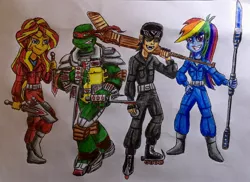 Size: 2770x2012 | Tagged: safe, artist:bozzerkazooers, derpibooru import, rainbow dash, sunset shimmer, equestria girls, casey jones, crossover, raphael, smiling, spear, teenage mutant ninja turtles, tmnt 2012, traditional art, weapon