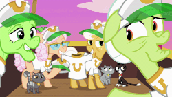 Size: 600x338 | Tagged: safe, derpibooru import, screencap, apple rose, auntie applesauce, goldie delicious, granny smith, rainbow dash, cat, pony, grannies gone wild, animated, gif, gold horseshoe gals, plot, solo