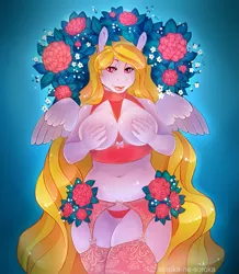 Size: 901x1033 | Tagged: anthro, anthro oc, artist:sorokanesoroka, belly button, breastless clothes, breasts, clothes, covered nipples, derpibooru import, female, flower, garter belt, handbra, oc, oc:storm shield, panties, pegasus, rose, solo, solo female, stockings, suggestive, thigh highs, underwear, unofficial characters only